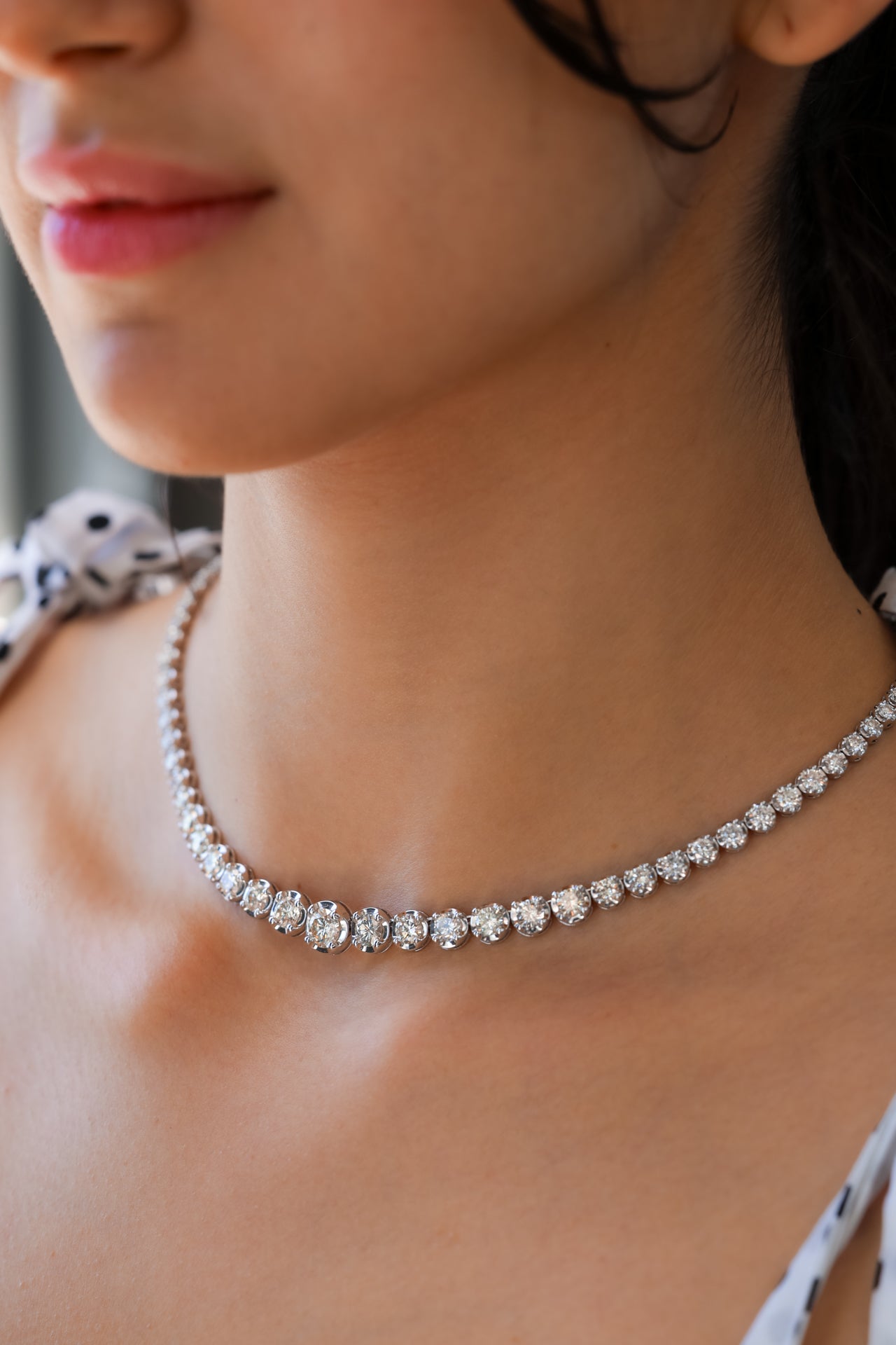 18K White Gold Round Diamond Graduate Tennis Necklace 23.2ct N-13225