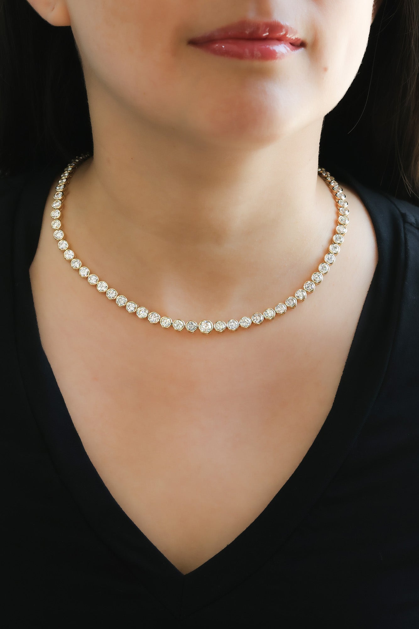 14K Yellow Gold Round Diamond Graduate Tennis Necklace 21.5ct N-18515