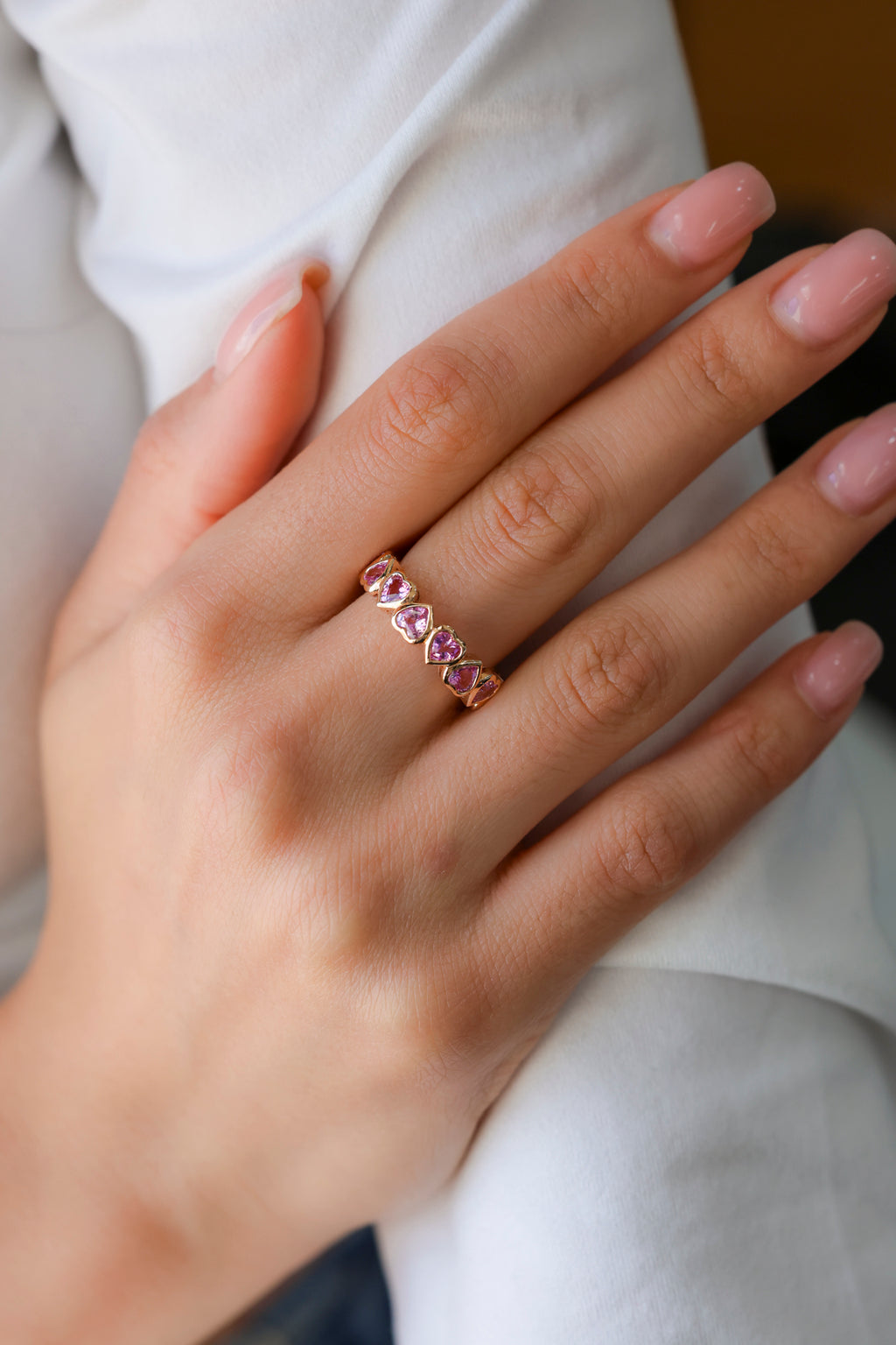 Rose Gold PINK SAPPHIRE HEART SHAPE ETERNITY Ring 3.08 cts.