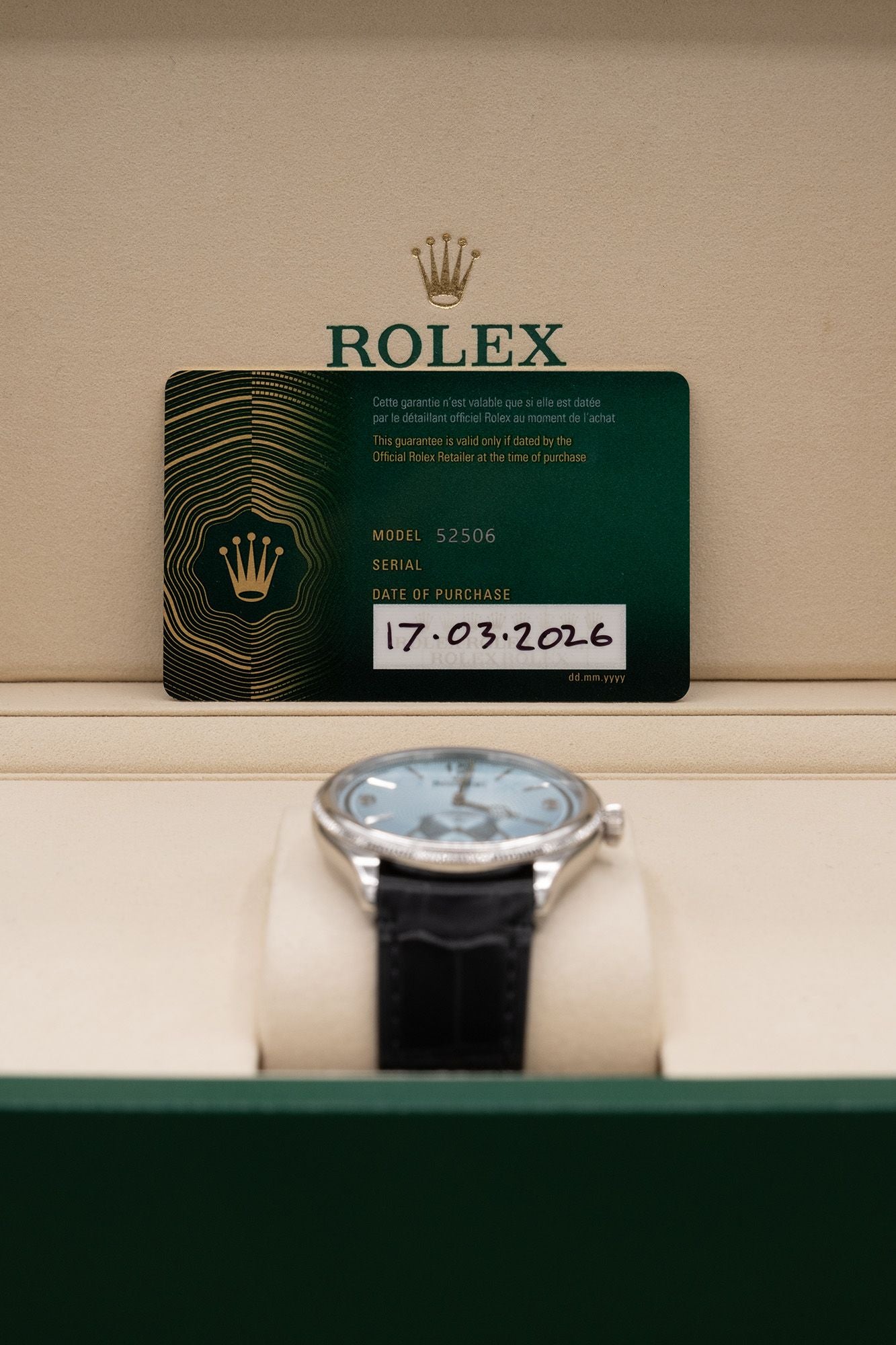 Rolex 1908 Ice Blue Rice-Grain Motif Index Dial on Matt black alligator leather 52506 Complete 2026