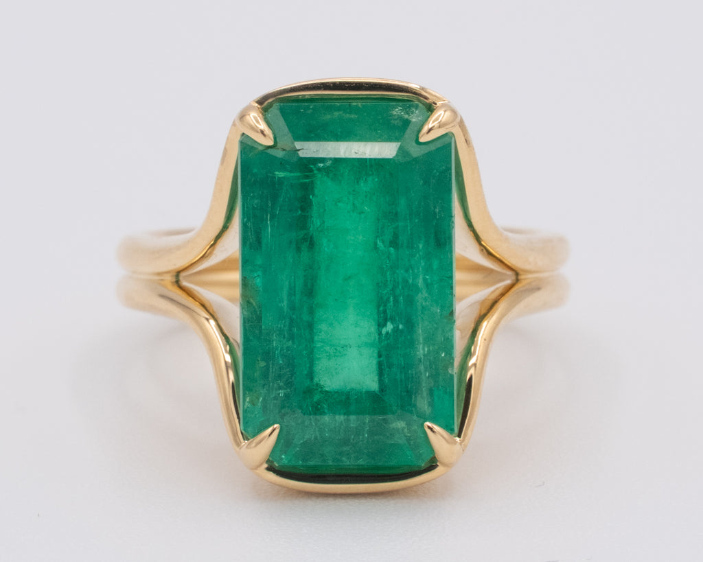 Yellow Gold EMERALD - NORTH TO SOUTH SETTING Engagement Ring 8.06 cts.