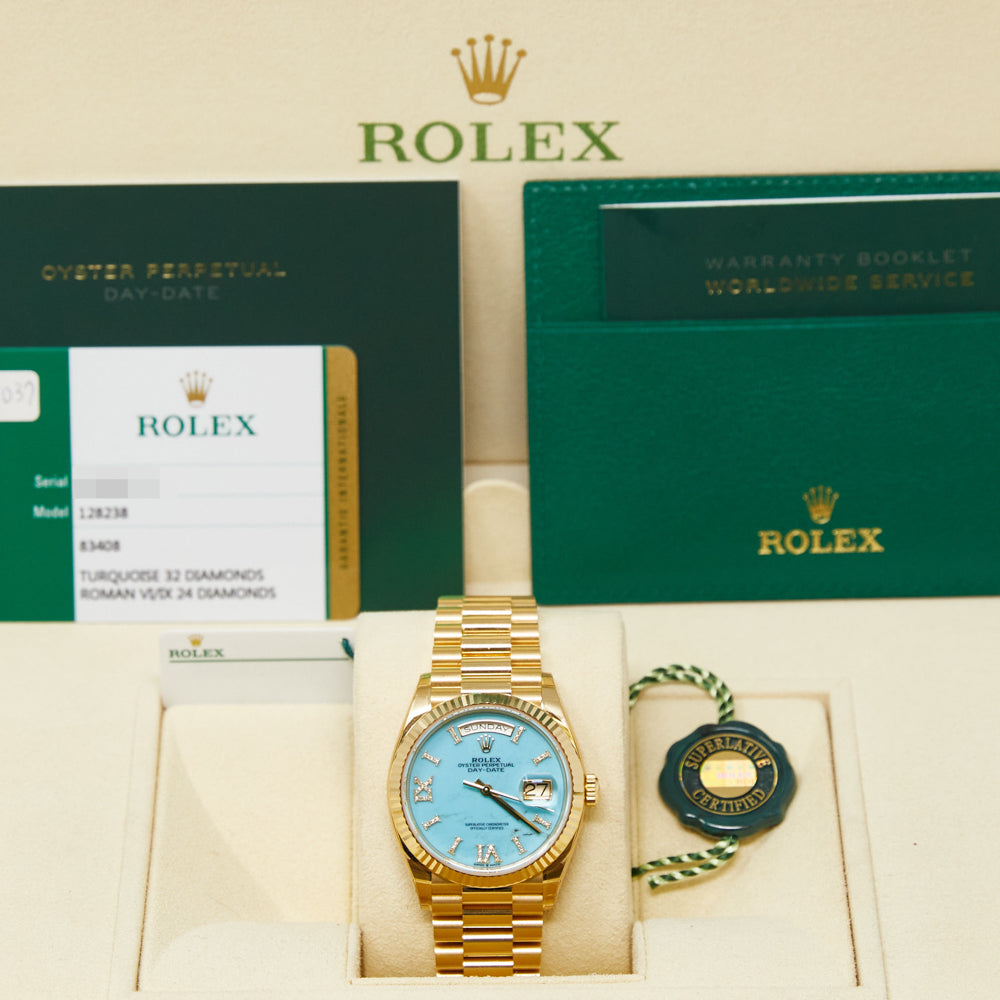 Rolex Day-Date 36 Turquoise Diamond Index Roman 9 Dial on Presidential 128238 Complete 2019