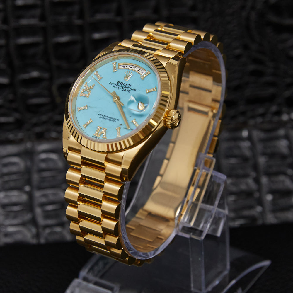 Rolex Day-Date 36 Turquoise Diamond Index Roman 9 Dial on Presidential 128238 Complete 2019