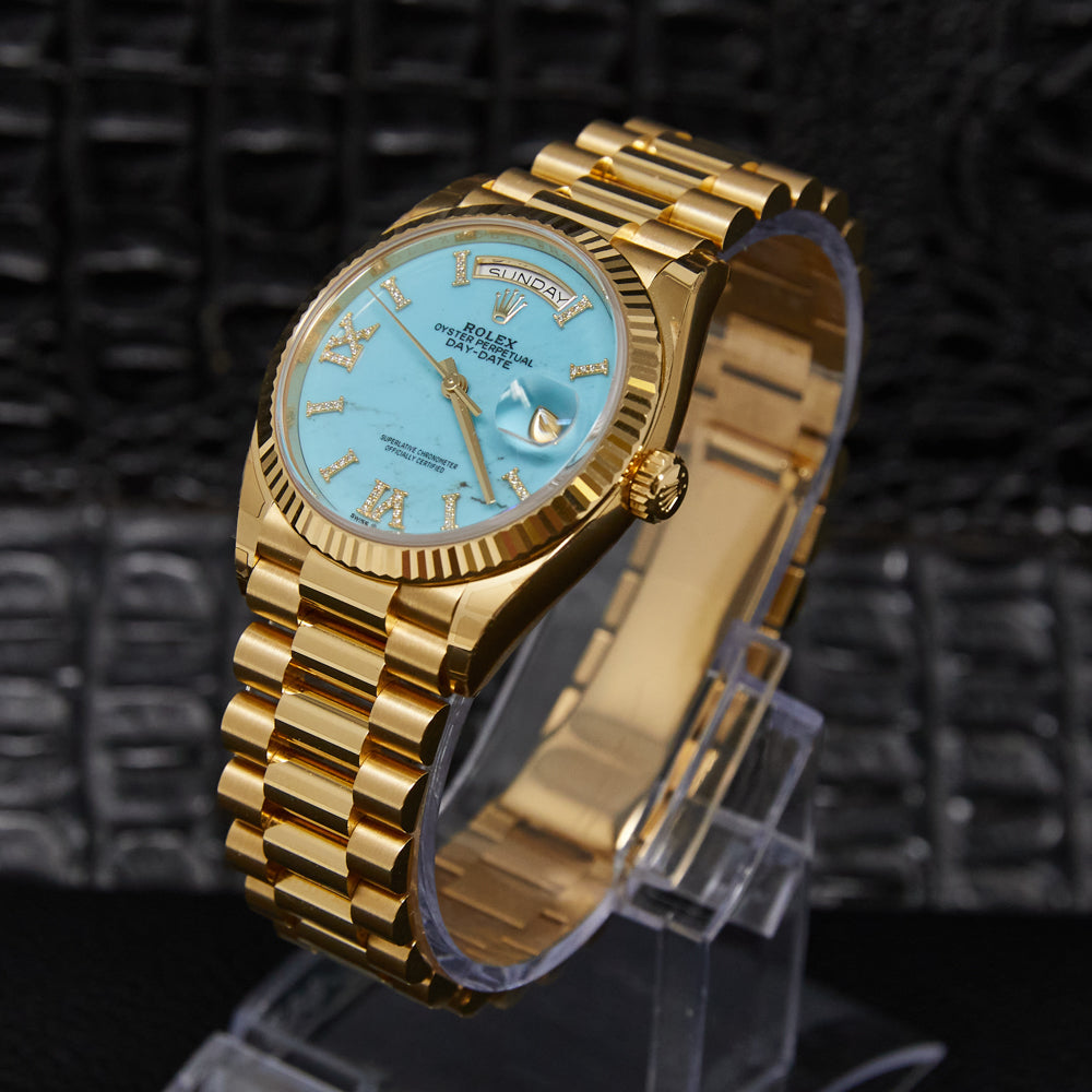 Rolex Day-Date 36 Turquoise Diamond Index Roman 9 Dial on Presidential 128238 Complete 2019