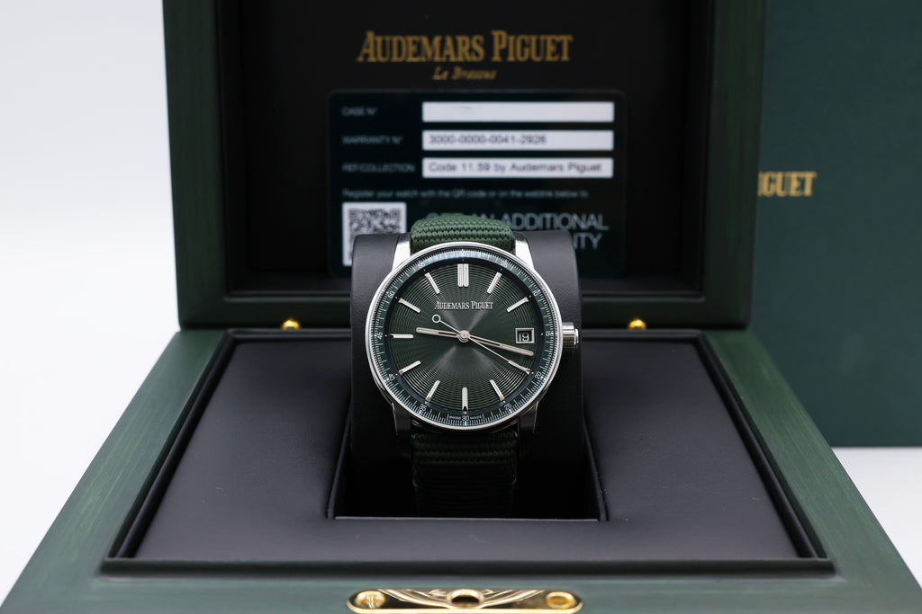 Audemars Piguet Code 11.59 Selfwinding Green Dial on Green rubber-coated strap with stainless steel pin buckle. 15210ST.OO.A056KB.01 Complete 2025