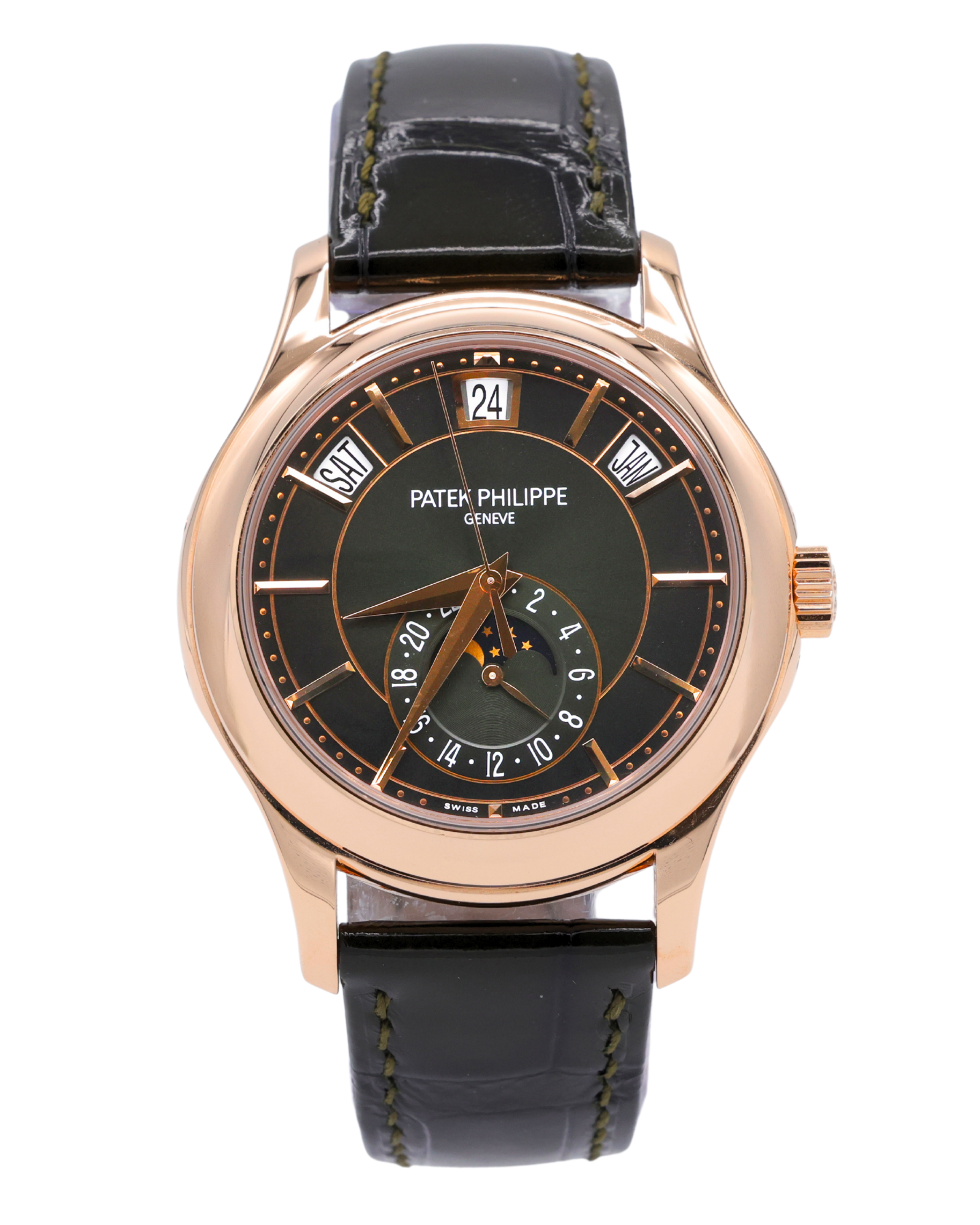 Patek Philippe Complications - Annual Calendar - Moon Phases Olive Green Sunburst Dial on Alligator leather with square scales, hand-stitched, patinated two-tone green 5205R-011 Complete 2024