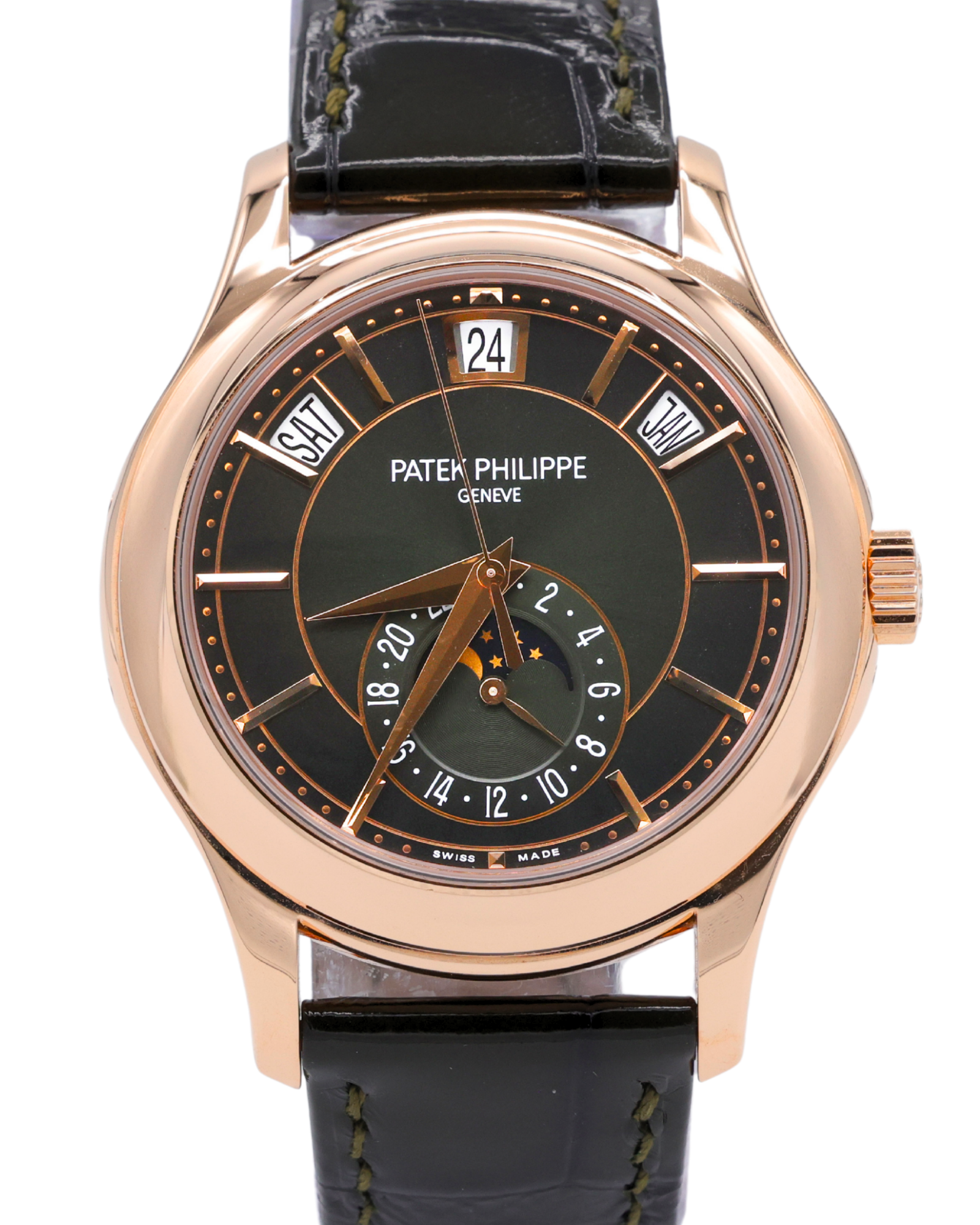 Patek Philippe Complications - Annual Calendar - Moon Phases Olive Green Sunburst Dial on Alligator leather with square scales, hand-stitched, patinated two-tone green 5205R-011 Complete 2024