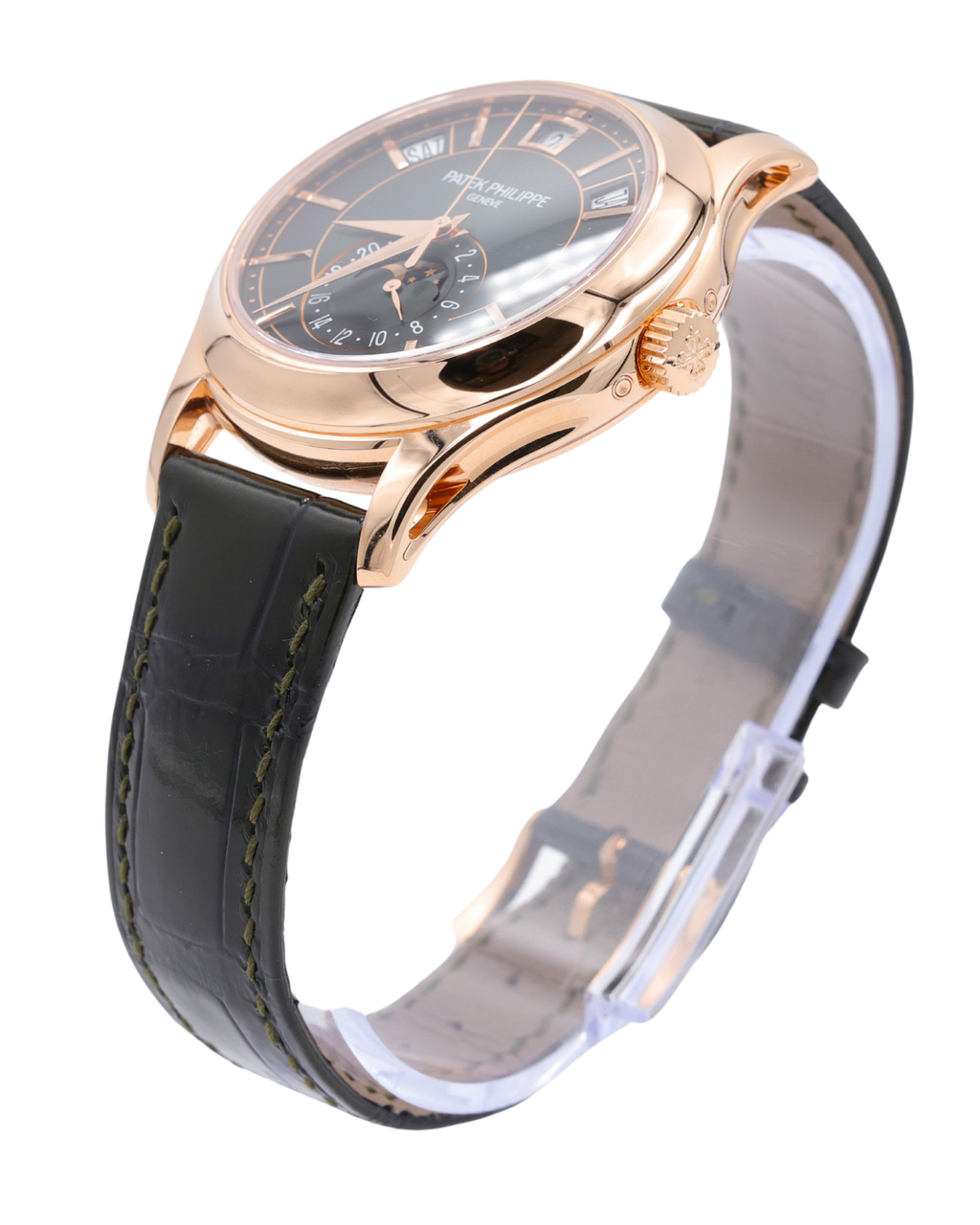 Patek Philippe Complications - Annual Calendar - Moon Phases Olive Green Sunburst Dial on Alligator leather with square scales, hand-stitched, patinated two-tone green 5205R-011 Complete 2024
