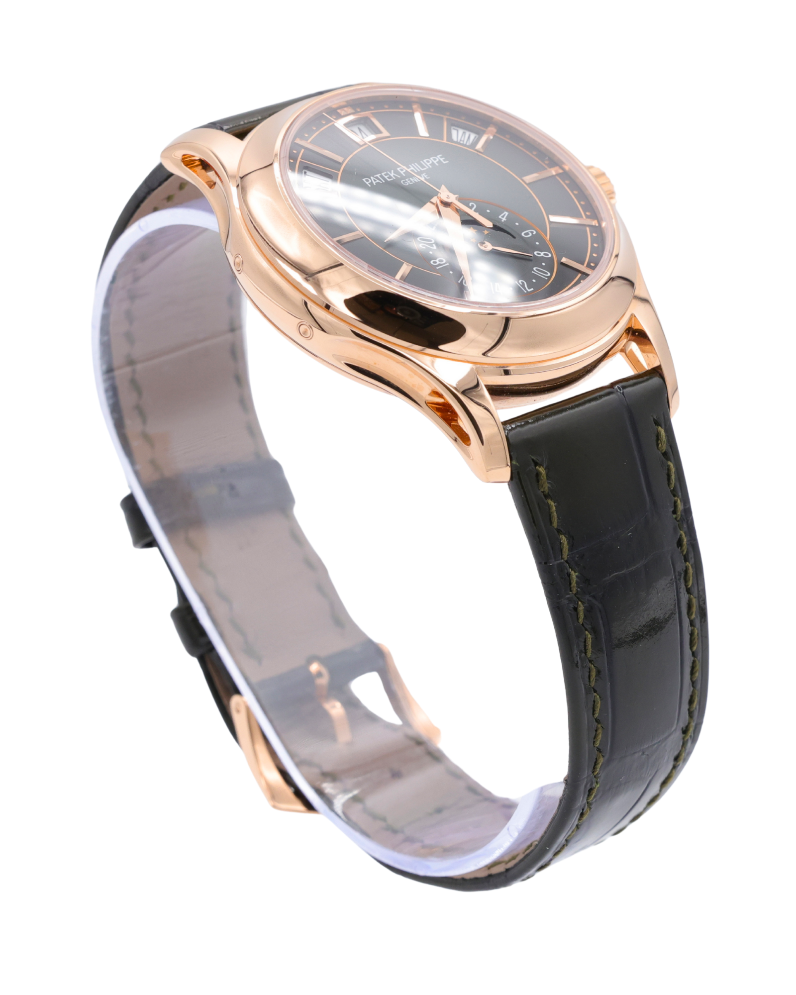 Patek Philippe Complications - Annual Calendar - Moon Phases Olive Green Sunburst Dial on Alligator leather with square scales, hand-stitched, patinated two-tone green 5205R-011 Complete 2024