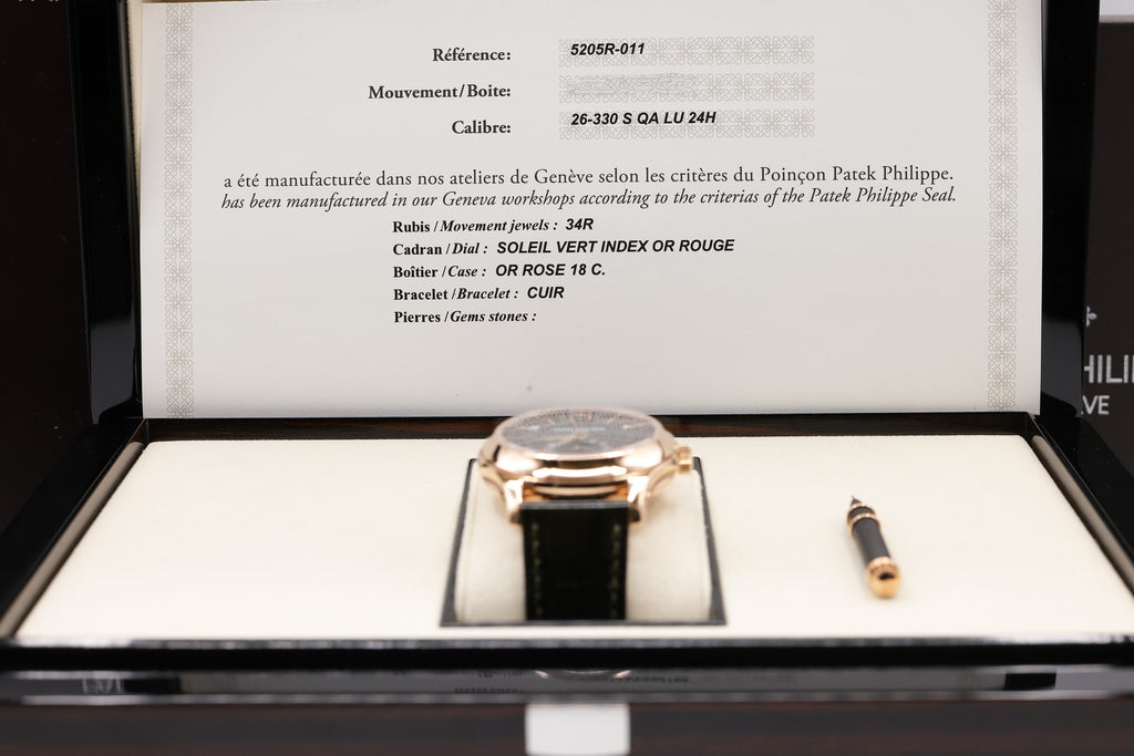 Patek Philippe Complications - Annual Calendar - Moon Phases Olive Green Sunburst Dial on Alligator leather with square scales, hand-stitched, patinated two-tone green 5205R-011 Complete 2024