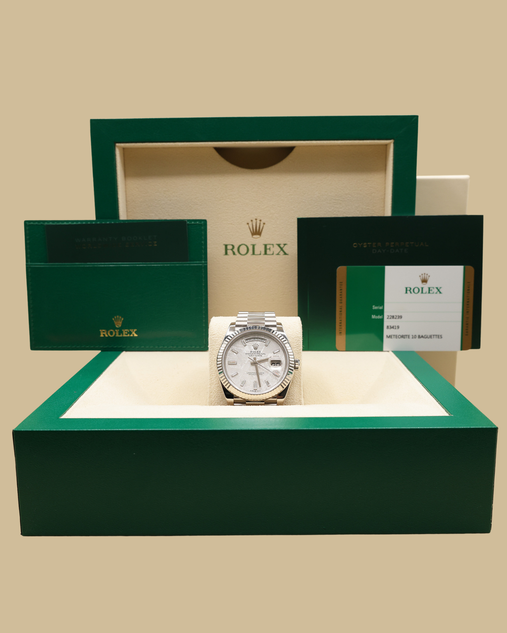 Rolex Day-Date 40 Meteorite Baguette Diamond Dial on President 228239 Complete 2020