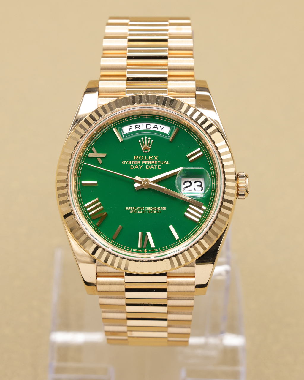 Rolex Day-Date 40 Green Roman Dial on President 228238 Complete 2024