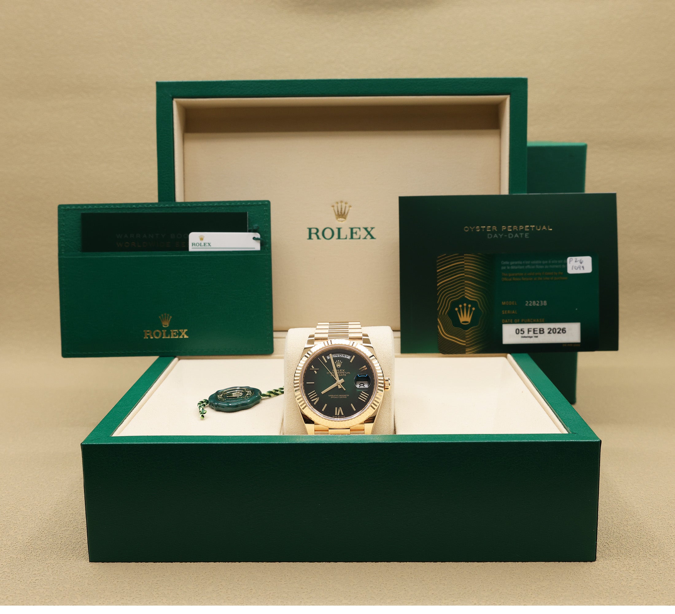 Rolex Day-Date 40 Green Ombre Roman Dial on Presidential 228238 Complete 2026