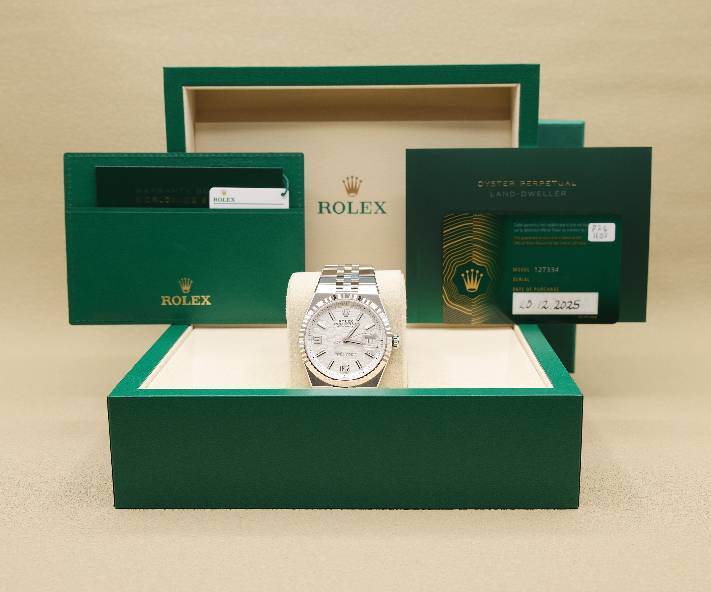 Rolex Land-Dweller 40 Intense White, Honeycomb Motif Dial on Flat Jubilee 127334 Complete 2025