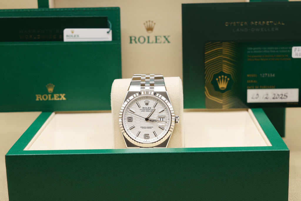 Rolex Land-Dweller 40 Intense White, Honeycomb Motif Dial on Flat Jubilee 127334 Complete 2025