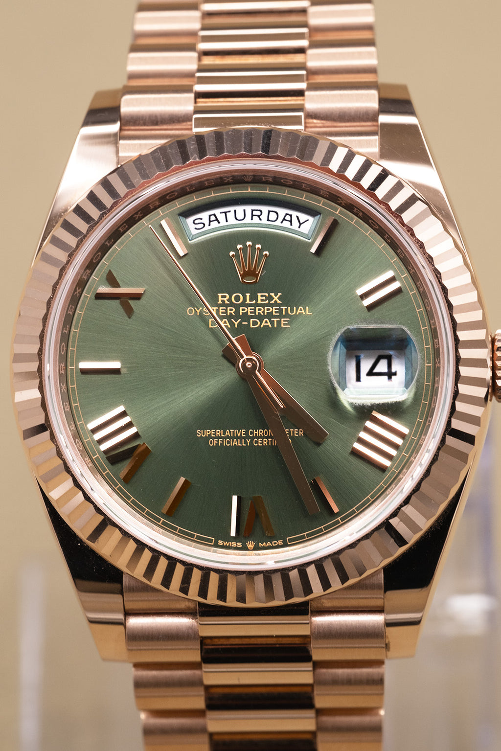 Rolex Day-Date 40 Olive Green Roman Dial on President 228235 Complete 2022