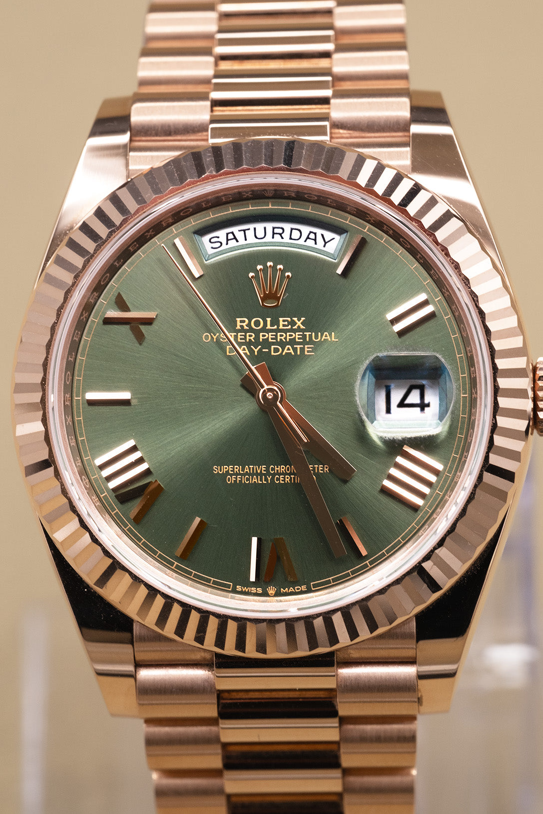 Rolex Day-Date 40 Olive Green Roman Dial on President 228235 Complete 2022
