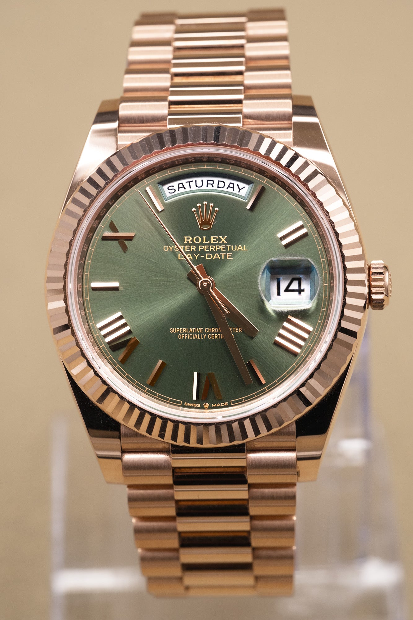 Rolex Day-Date 40 Olive Green Roman Dial on President 228235 Complete 2022