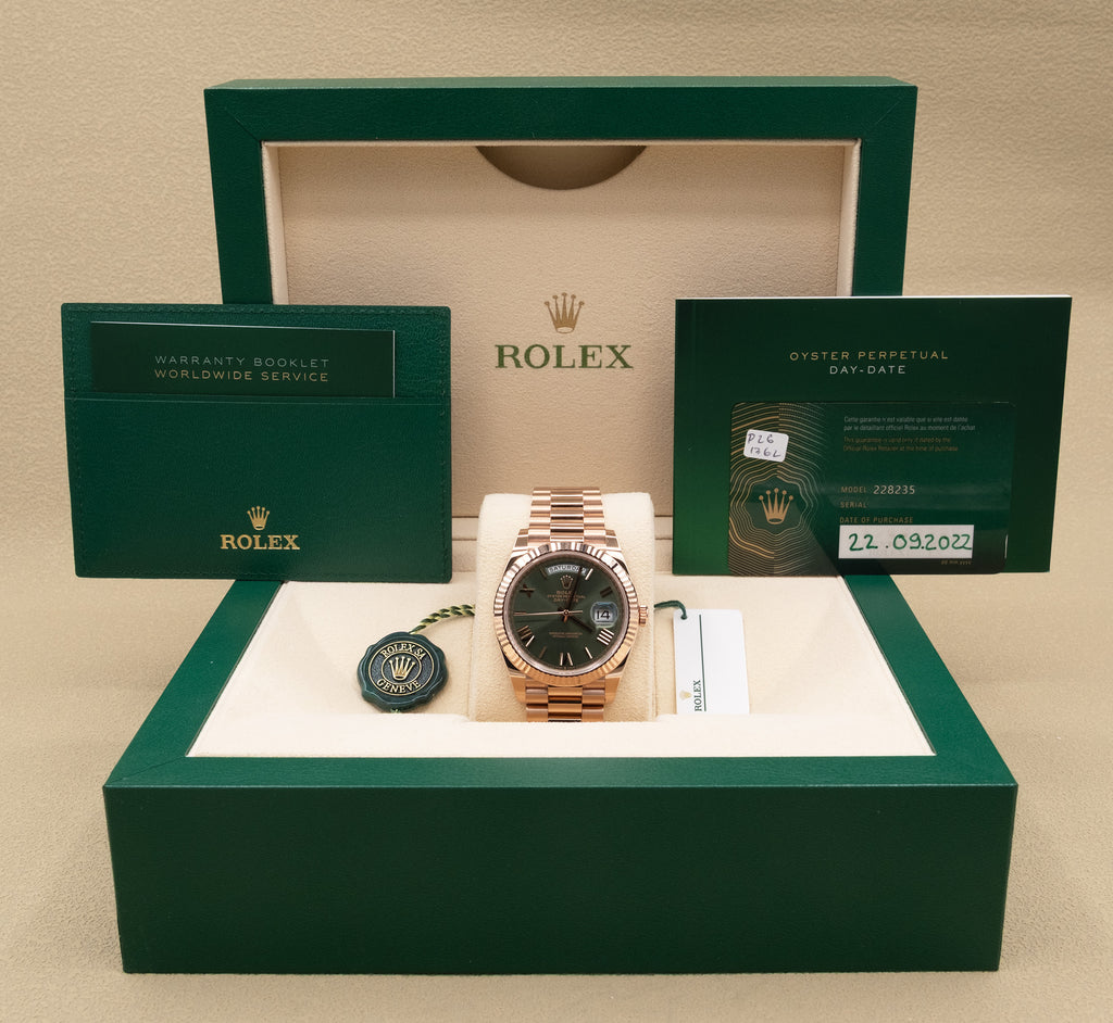 Rolex Day-Date 40 Olive Green Roman Dial on President 228235 Complete 2022