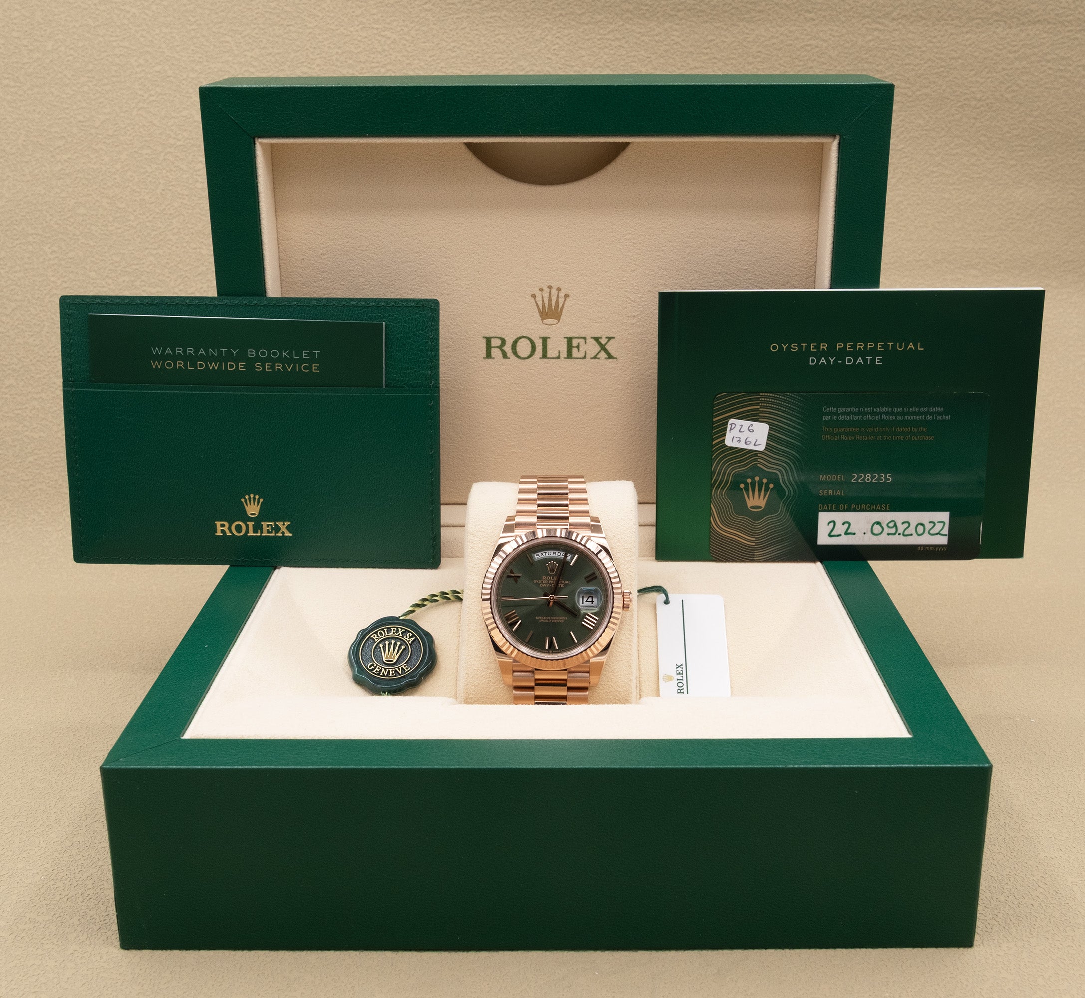 Rolex Day-Date 40 Olive Green Roman Dial on President 228235 Complete 2022