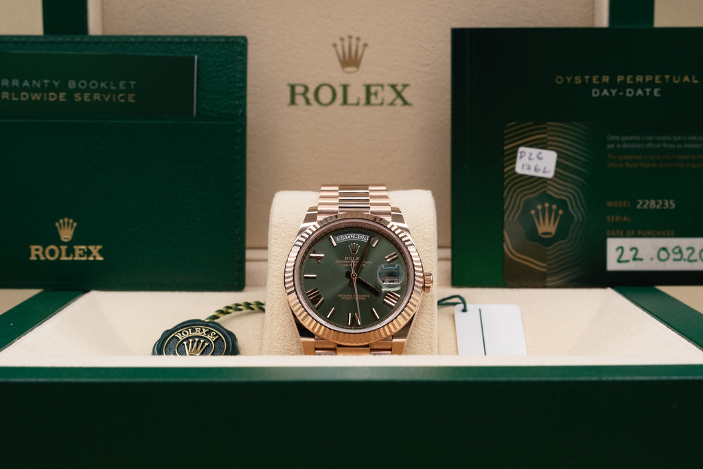 Rolex Day-Date 40 Olive Green Roman Dial on President 228235 Complete 2022