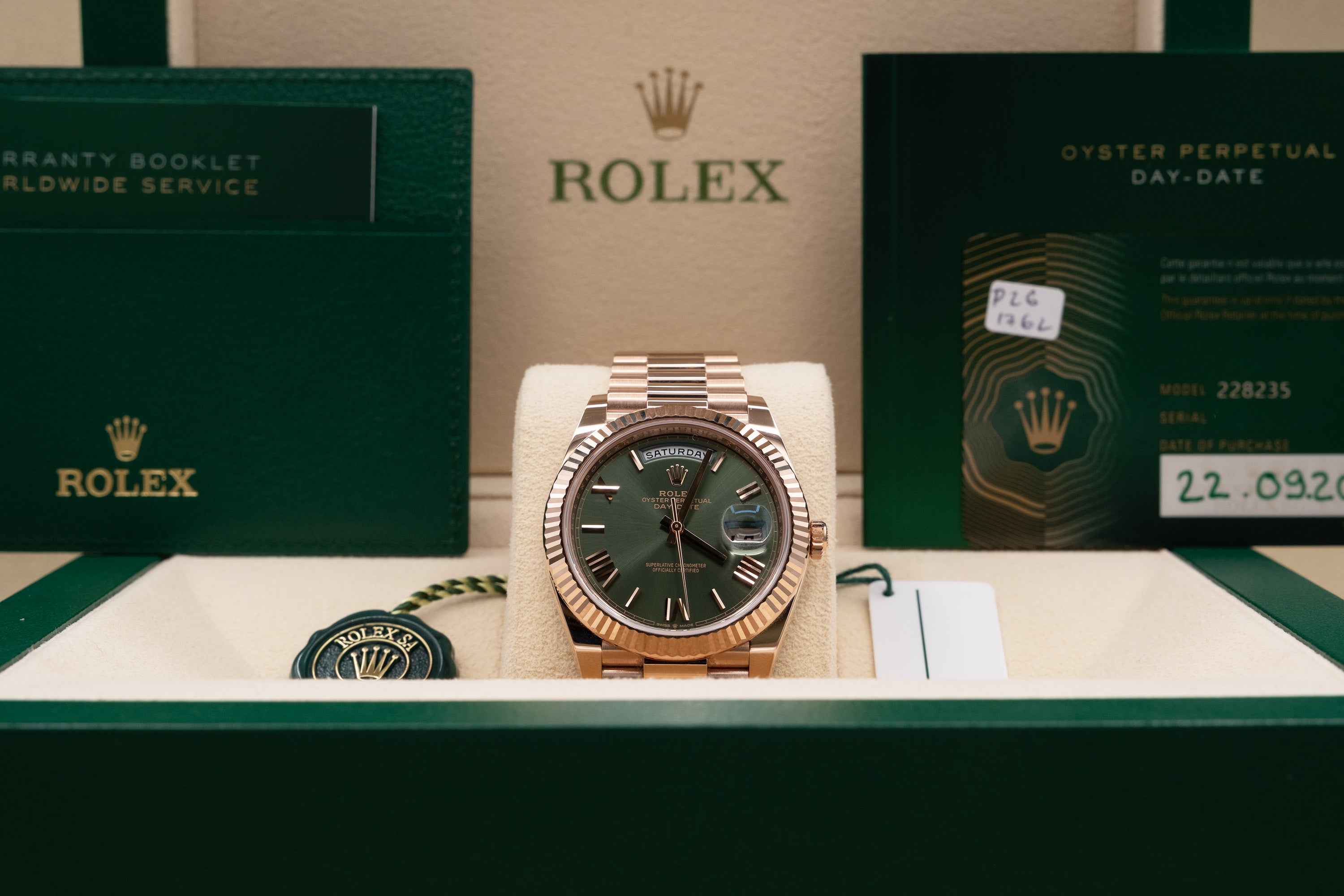 Rolex Day-Date 40 Olive Green Roman Dial on President 228235 Complete 2022