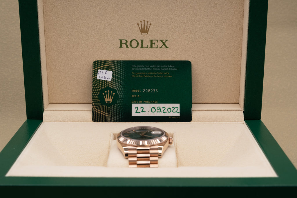 Rolex Day-Date 40 Olive Green Roman Dial on President 228235 Complete 2022