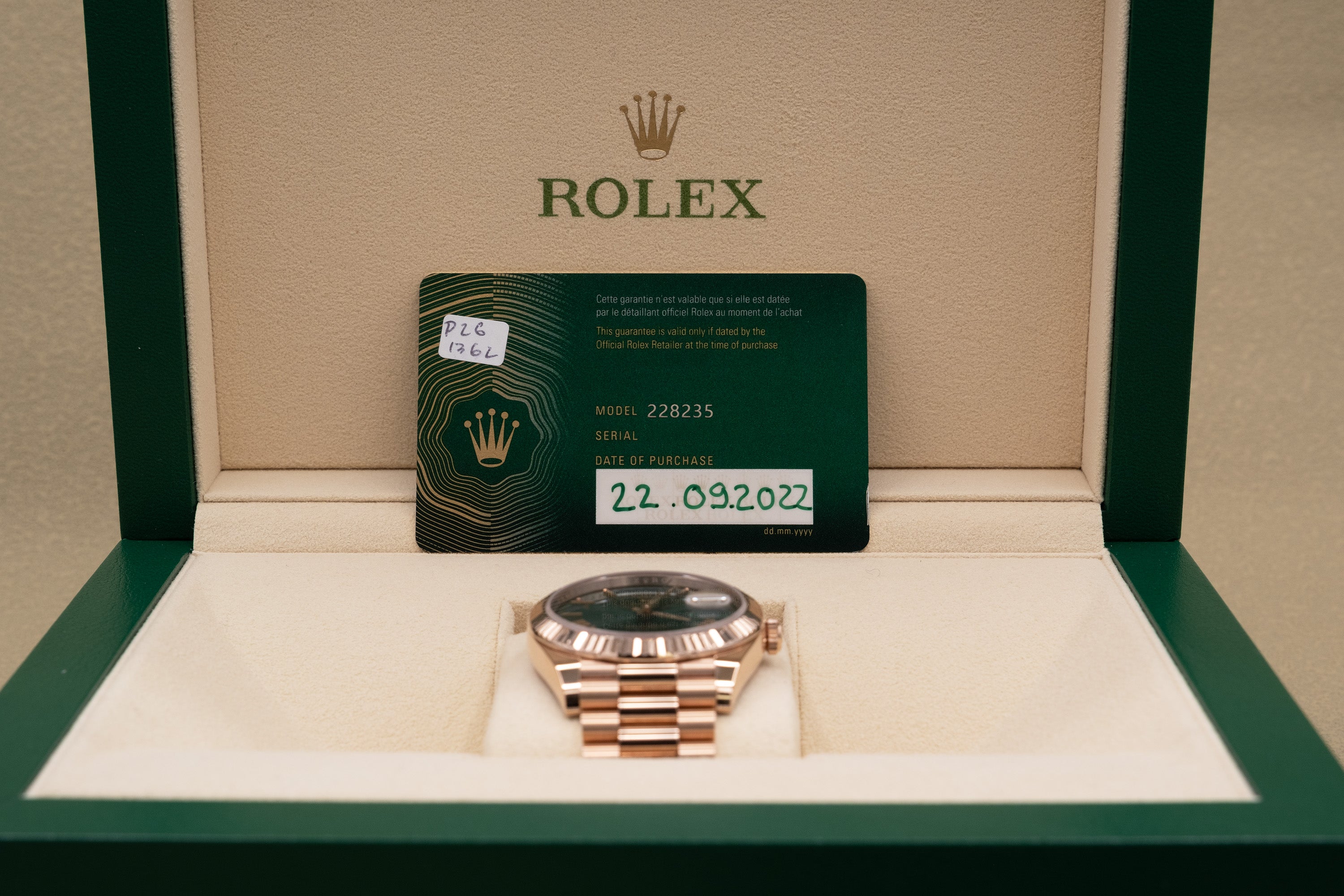 Rolex Day-Date 40 Olive Green Roman Dial on President 228235 Complete 2022
