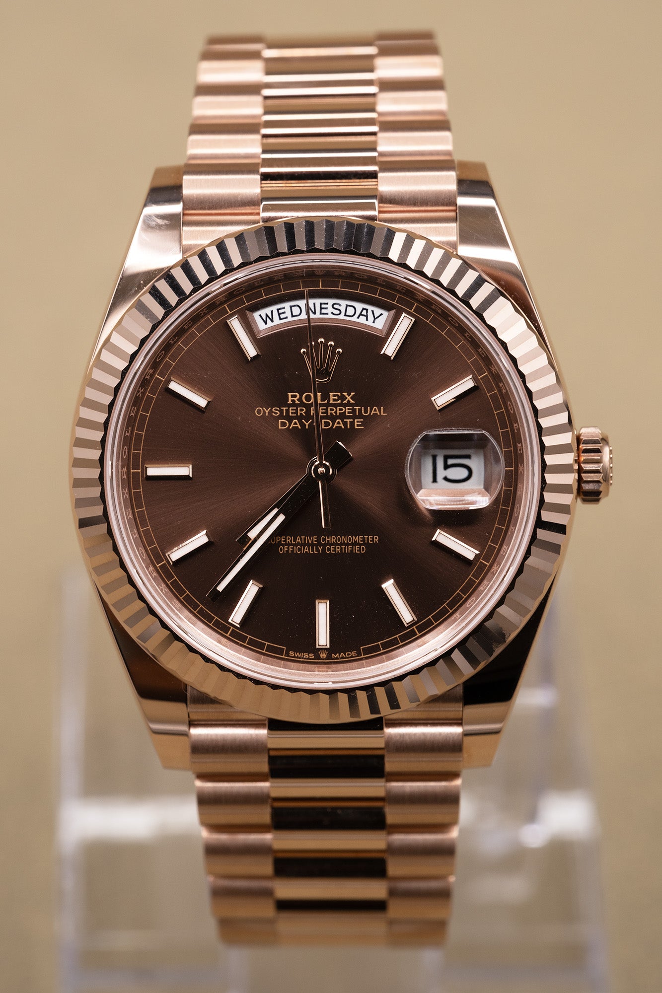 Rolex Day-Date 40 Chocolate Index Dial on President 228235 Complete 2025