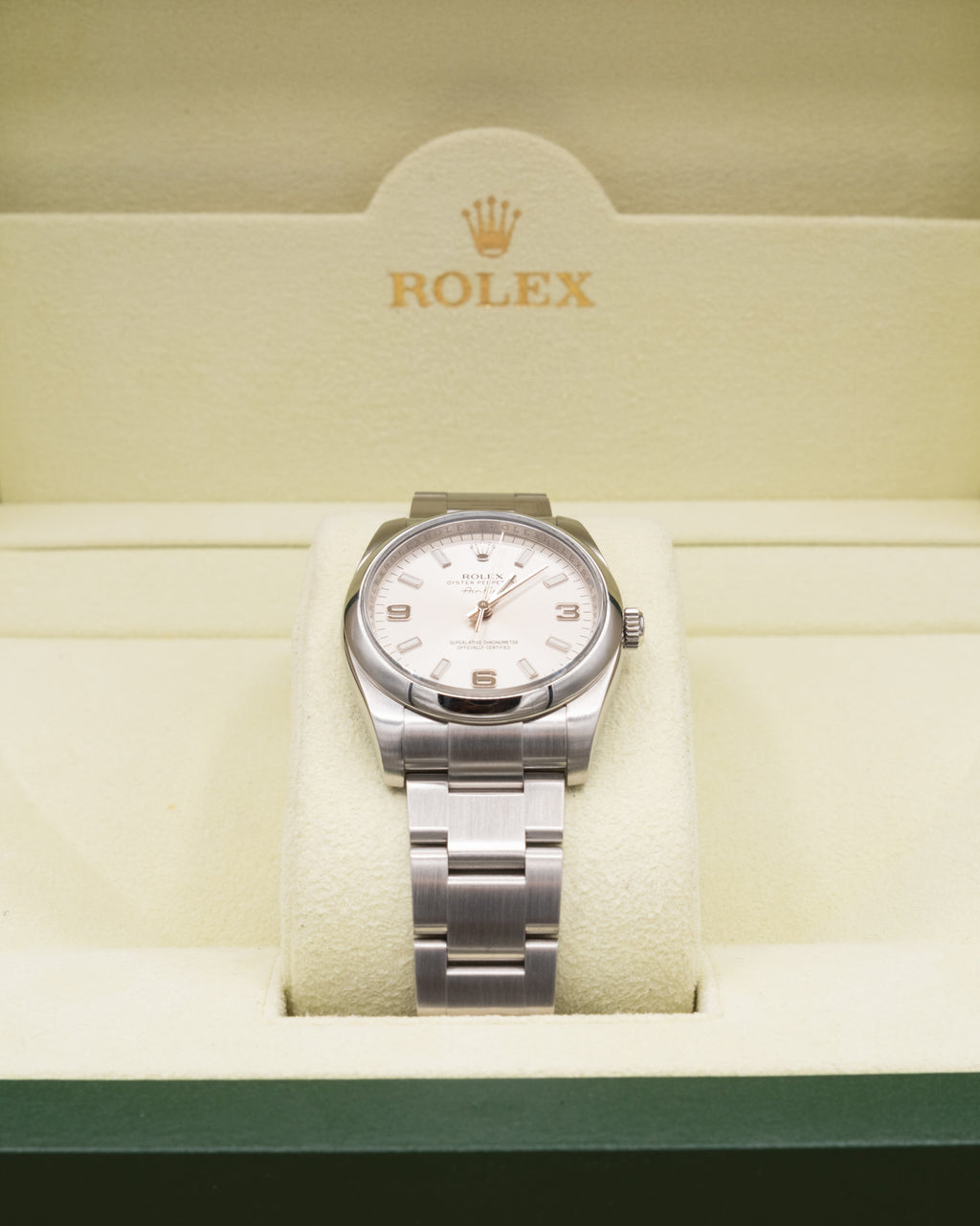 Rolex Airking Silver Stick Dial on Oyster 114200