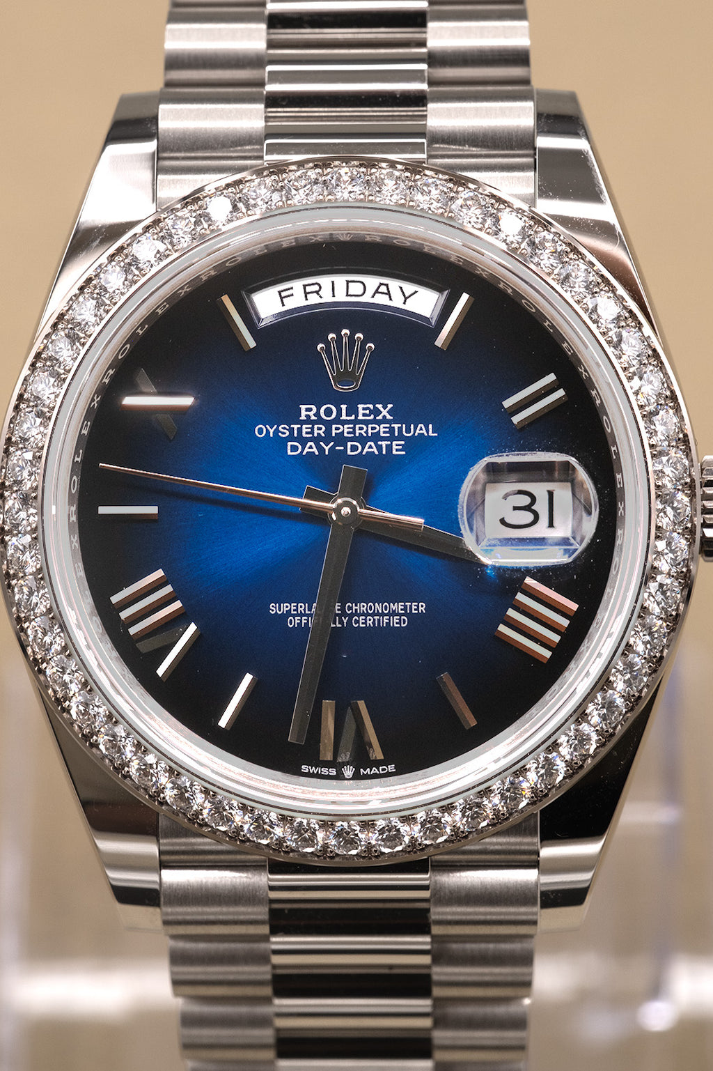 Rolex Day-Date 40 Blue Ombre Roman Dial on President 228349RBR Complete 2025