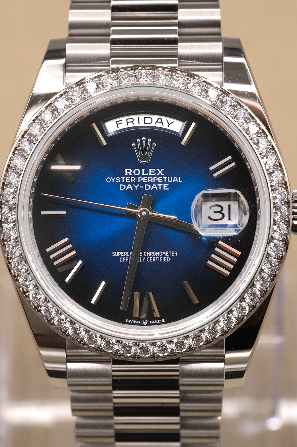 Rolex Day-Date 40 Blue Ombre Roman Dial on President 228349RBR Complete 2025