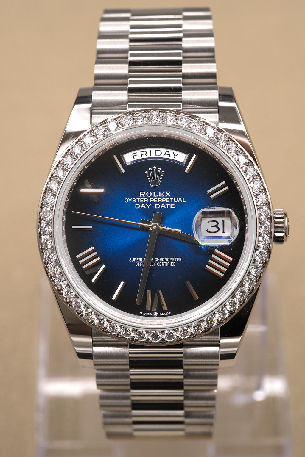 Rolex Day-Date 40 Blue Ombre Roman Dial on President 228349RBR Complete 2025
