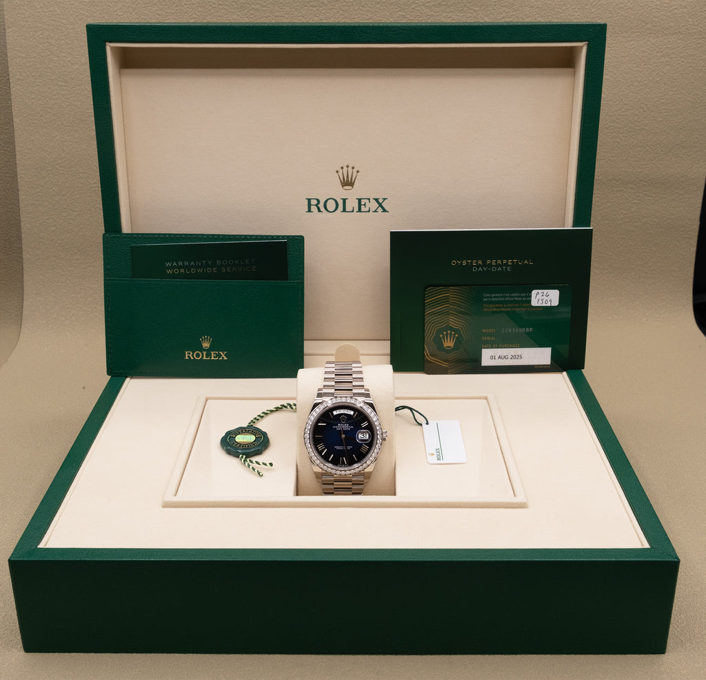 Rolex Day-Date 40 Blue Ombre Roman Dial on President 228349RBR Complete 2025