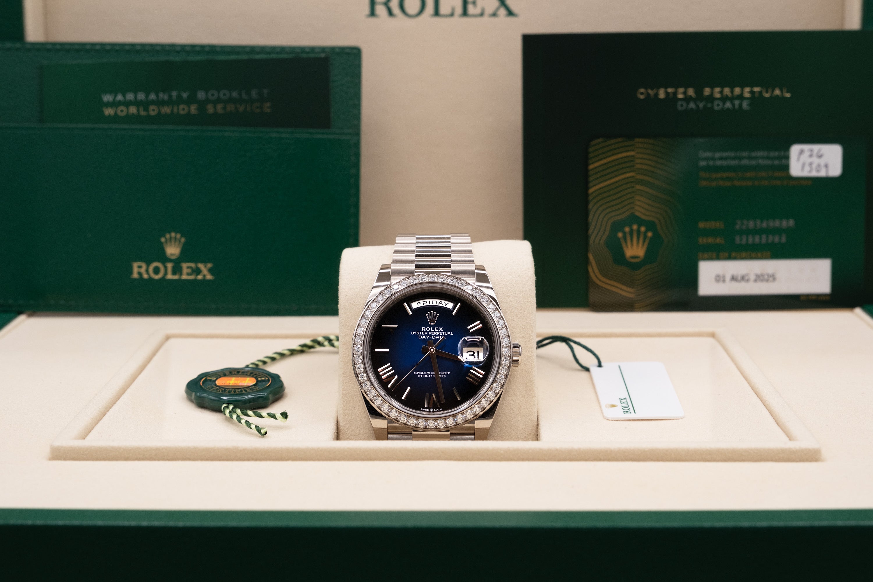 Rolex Day-Date 40 Blue Ombre Roman Dial on President 228349RBR Complete 2025