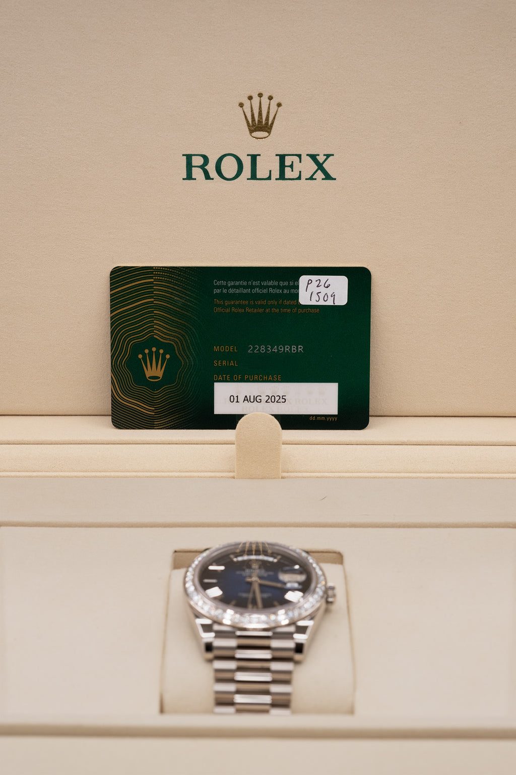 Rolex Day-Date 40 Blue Ombre Roman Dial on President 228349RBR Complete 2025