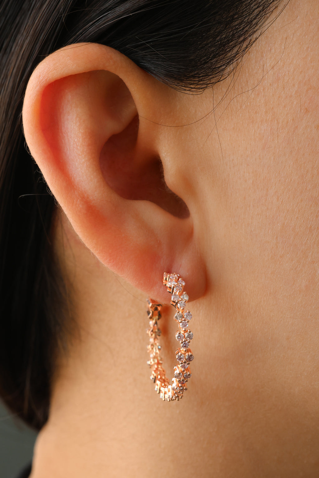 18KT Rose Gold Cluster Round Natural Diamond Hoops 2.27ctw E-227