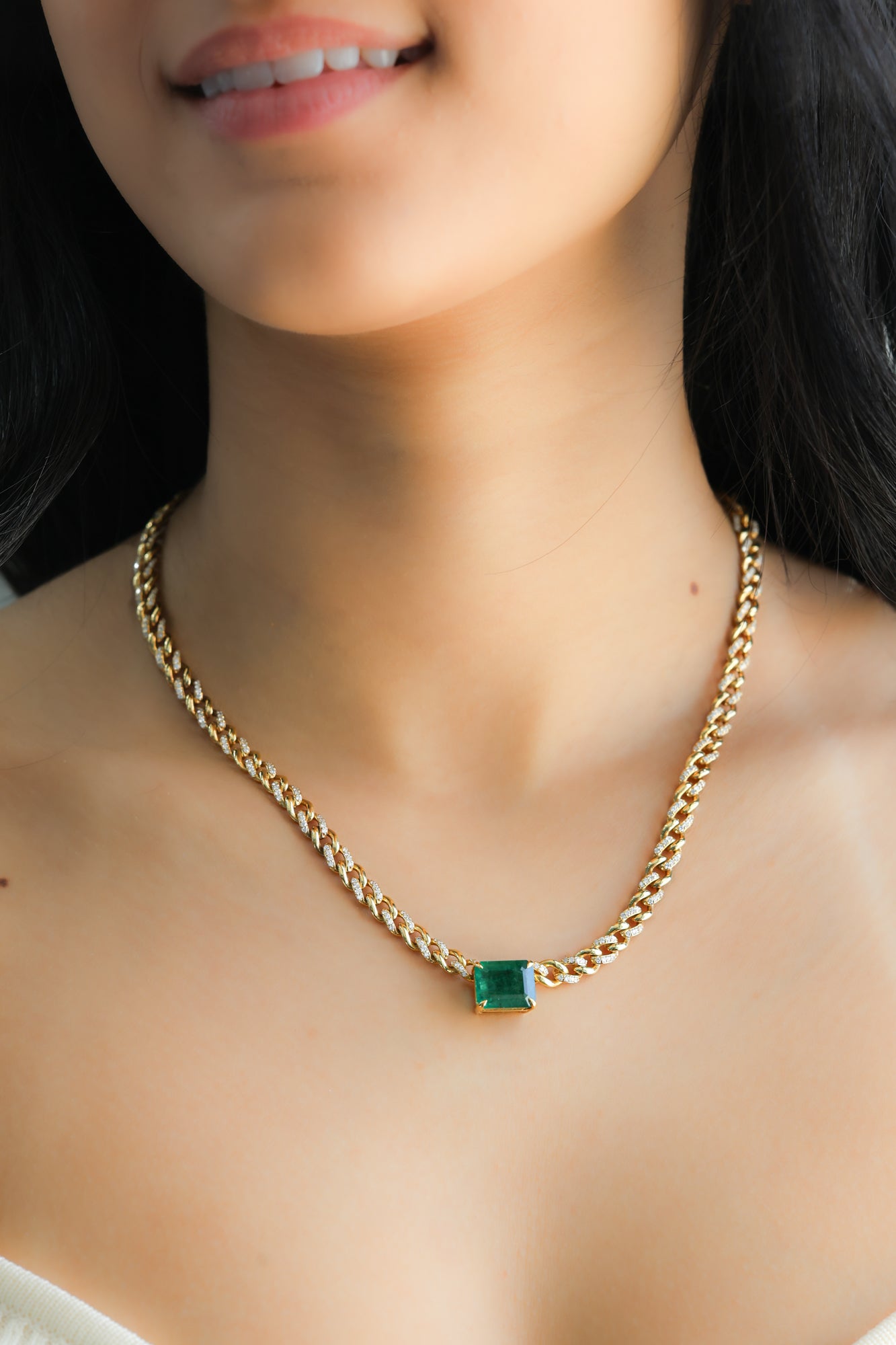 14K Yellow Gold Round Diamond Emerald Cuban Chain 26.4ct N-207CUBAN