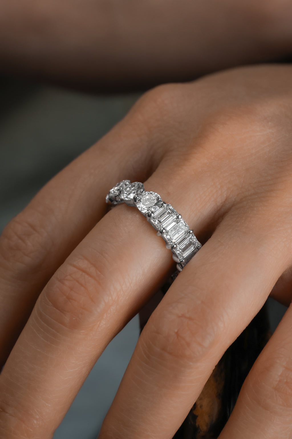 Round & Emerald Cut Diamond Eternity Band 18KT White Gold 6.51ct R-651