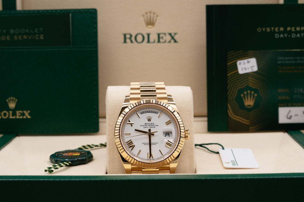 Rolex Day-Date 40 White Bevelled Roman Dial on President 228238 Complete 2025