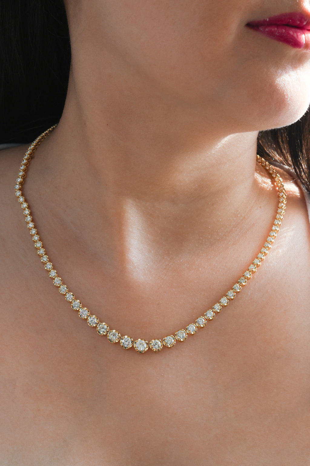 18K Yellow Gold Round Diamond Graduate Tennis Necklace 23.2ct N-11575