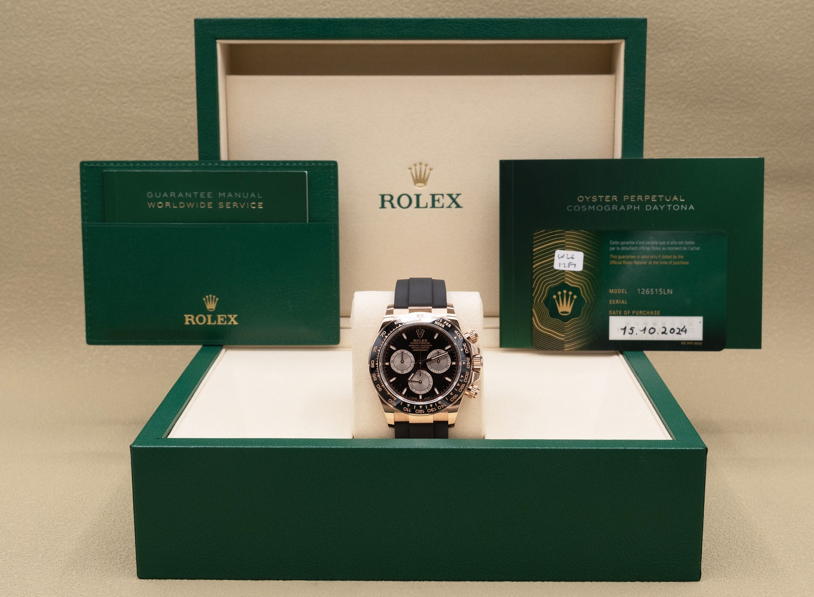 Rolex Daytona Black And Sundust Index Dial on Oysterflex 126515LN Complete 2024
