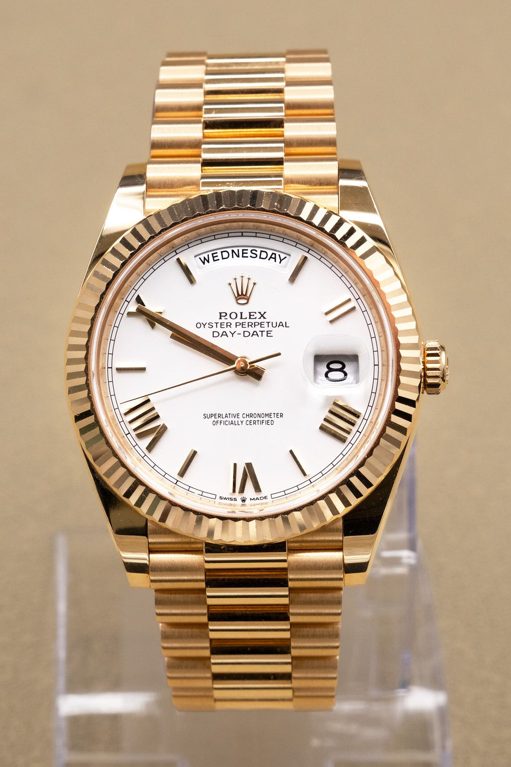 Rolex Day-Date 40 White Bevelled Roman Dial on President 228238 Complete 2025