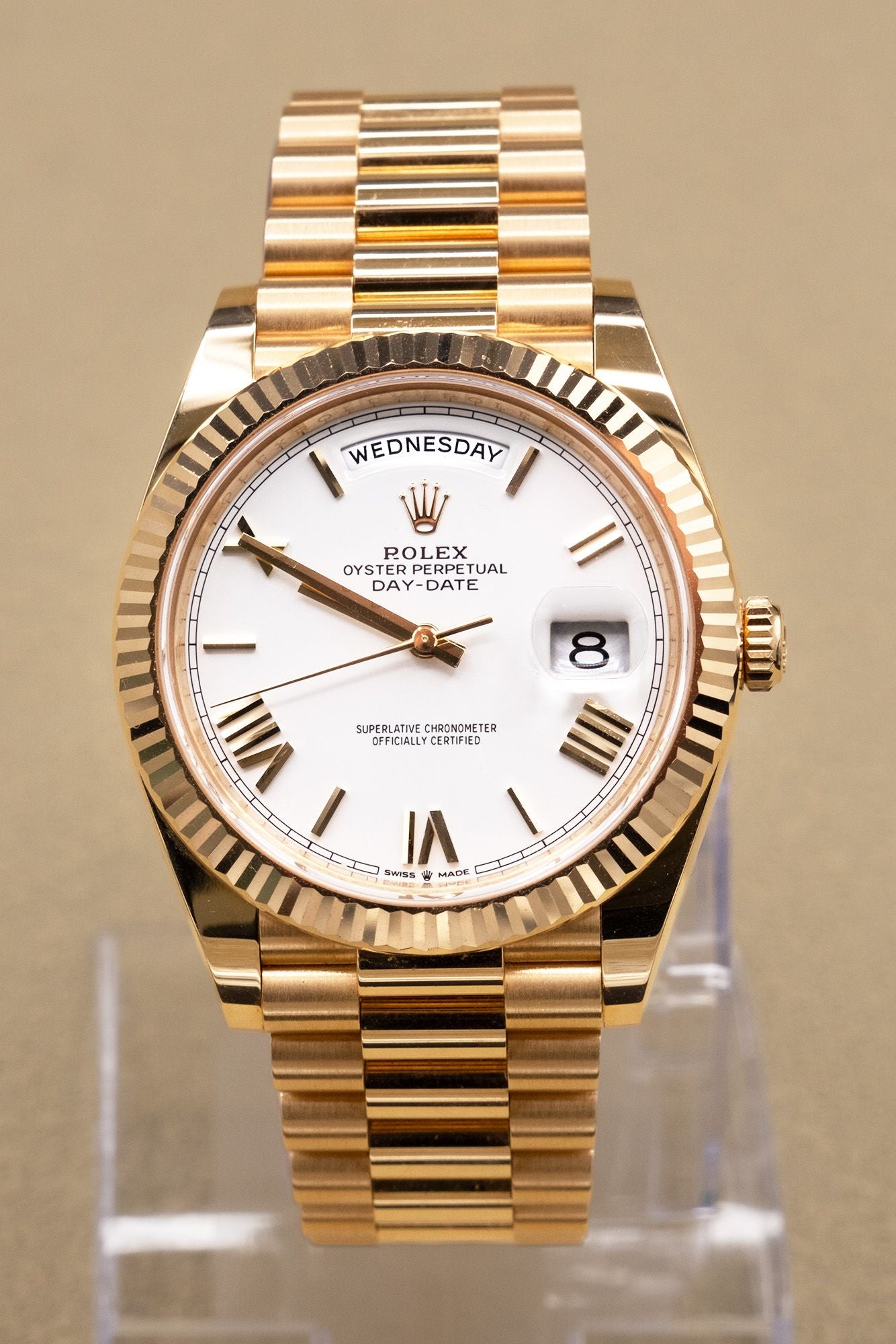 Rolex Day-Date 40 White Bevelled Roman Dial on President 228238 Complete 2025