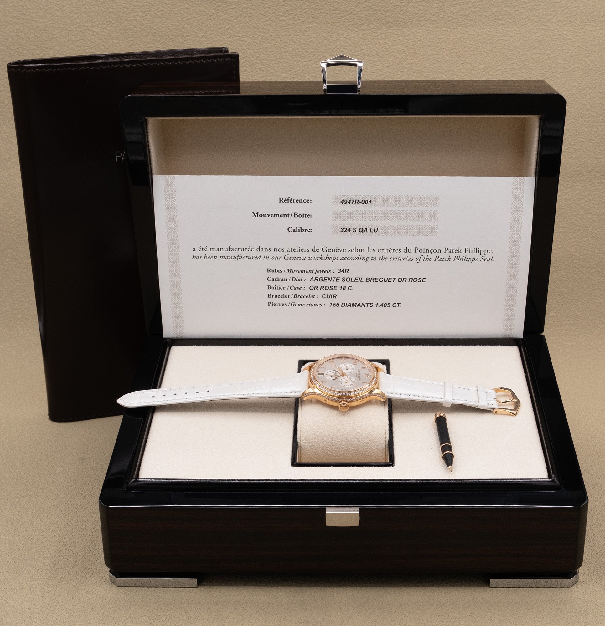 Patek Philippe Complications Annual Calendar Silvery Sunburst Dial on Leather Strap 4947R-001 Complete 2024