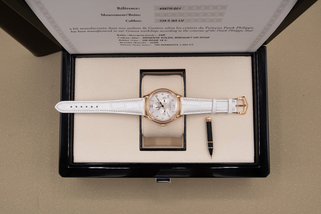 Patek Philippe Complications Annual Calendar Silvery Sunburst Dial on Leather Strap 4947R-001 Complete 2024