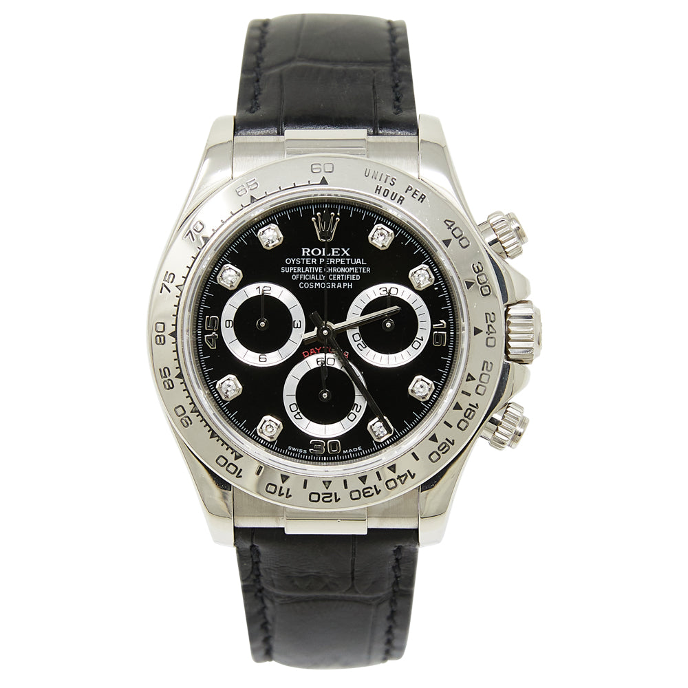 Rolex Daytona Black Diamond Dial on Black Leather Strap 116519 Papers 2002