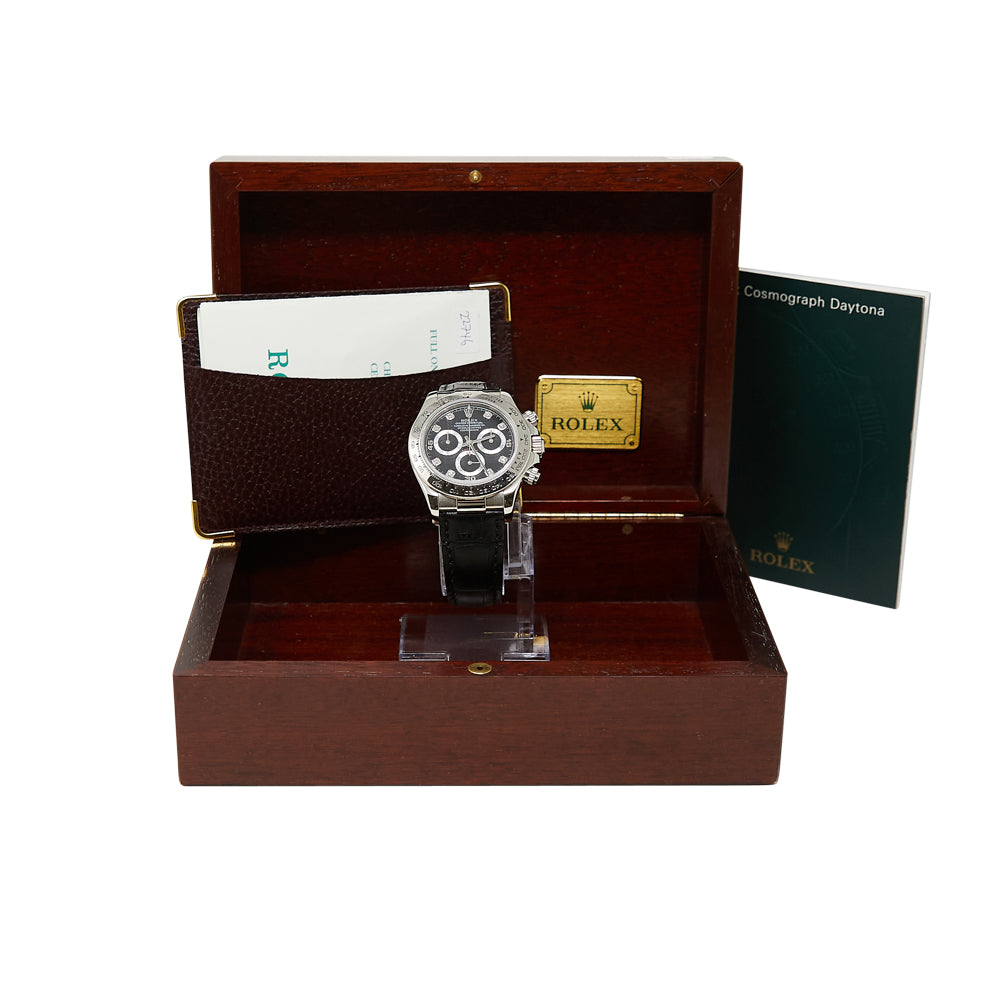 Rolex Daytona Black Diamond Dial on Black Leather Strap 116519 Papers 2002