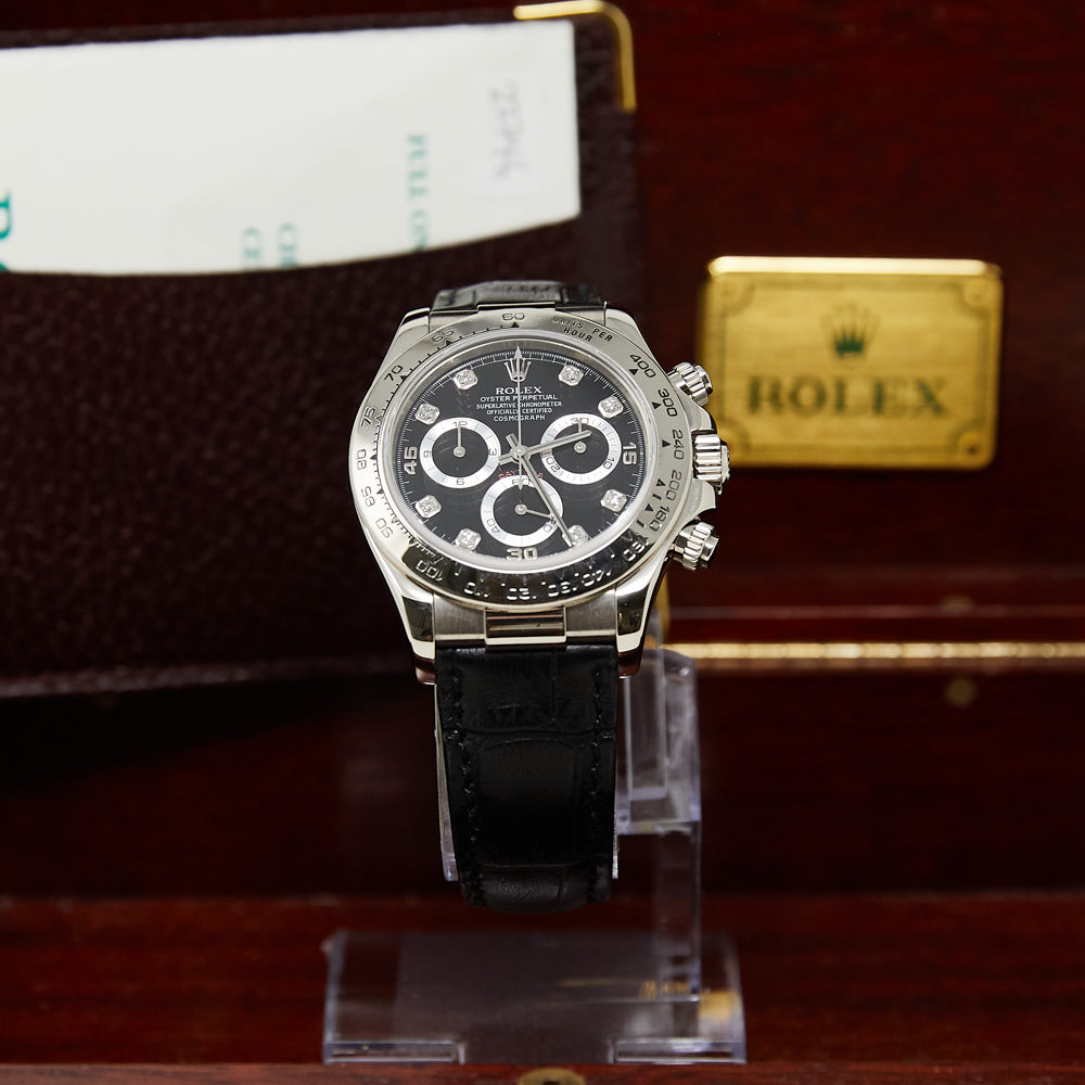 Rolex Daytona Black Diamond Dial on Black Leather Strap 116519 Papers 2002