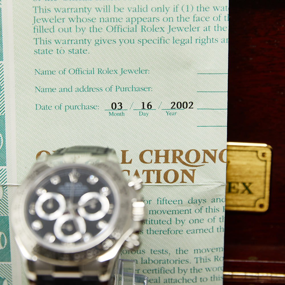 Rolex Daytona Black Diamond Dial on Black Leather Strap 116519 Papers 2002